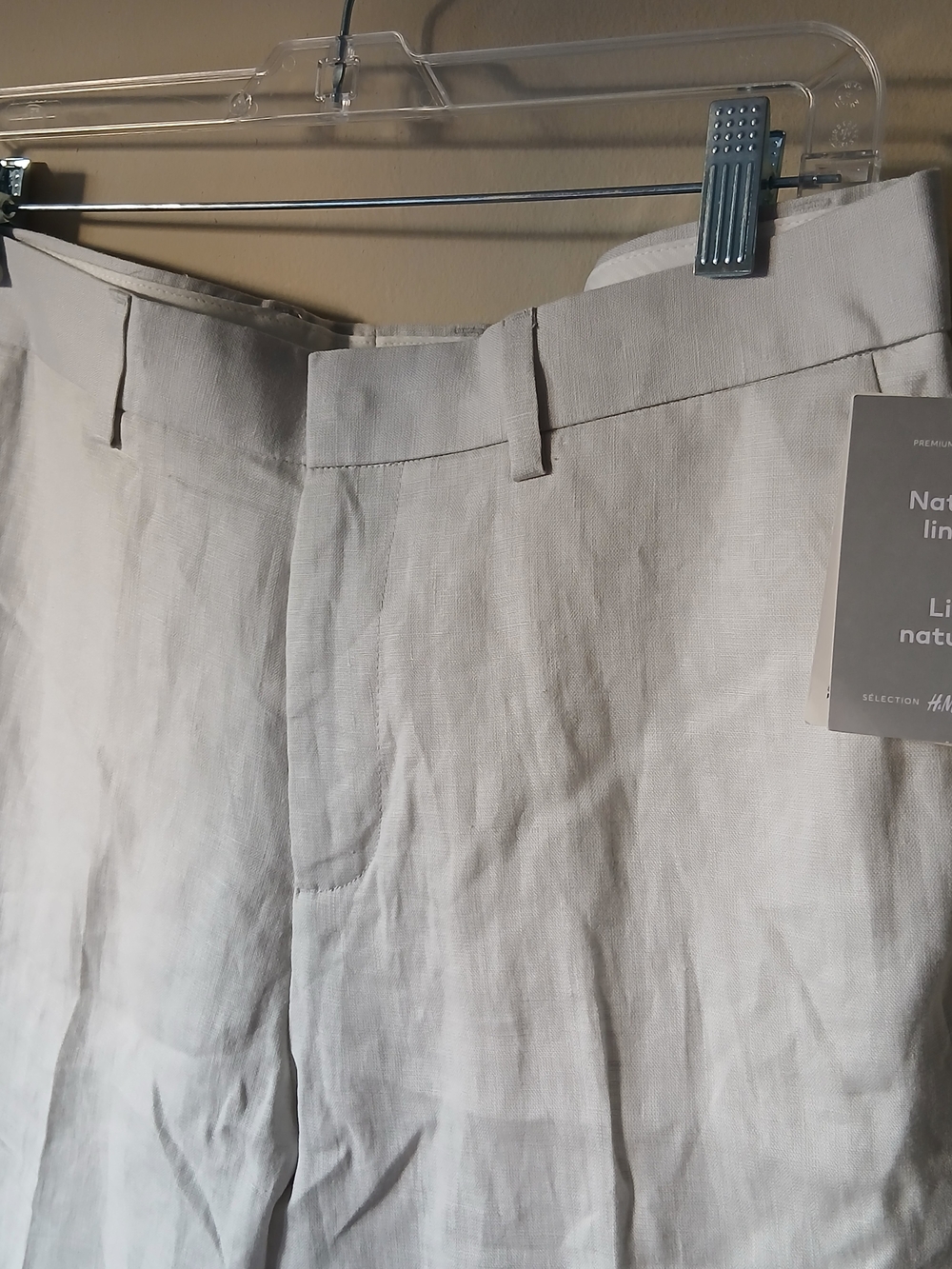 H&M Men's Light Beige Linen Flat Front Trouser Pants